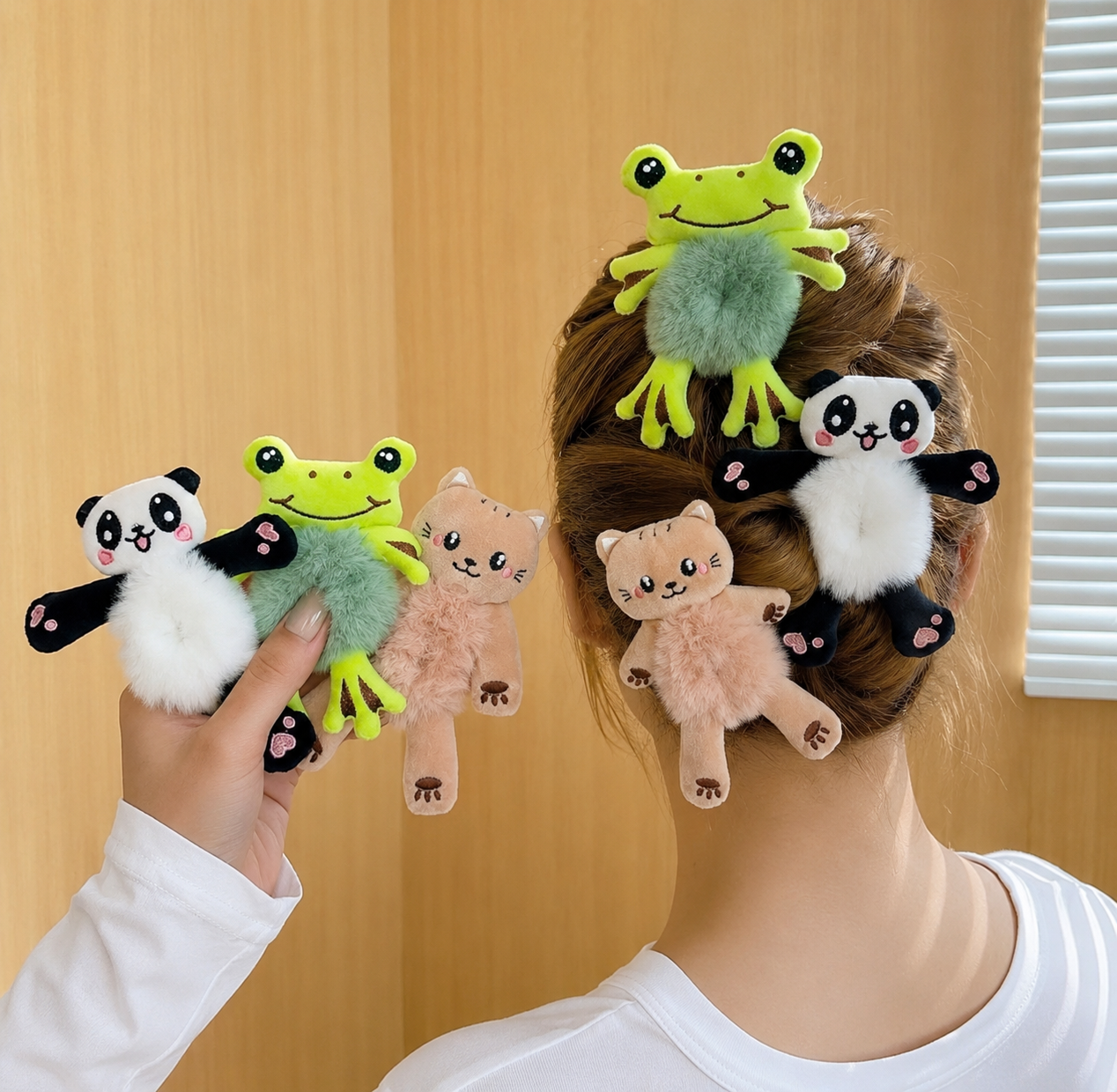 3pcs Kids Sweet Cute Cartoon Frog Panda Fluffy Scrunchies, Autumn/Winter Hair Accessories Elastic Hair Ties For Ponytail, Bun Scrunchy Hair Ties, Cute Hair Accessories Makeup Home Gym Woman Accessories Head Accessories Elastic Band Hair Rubber Bands,Fest