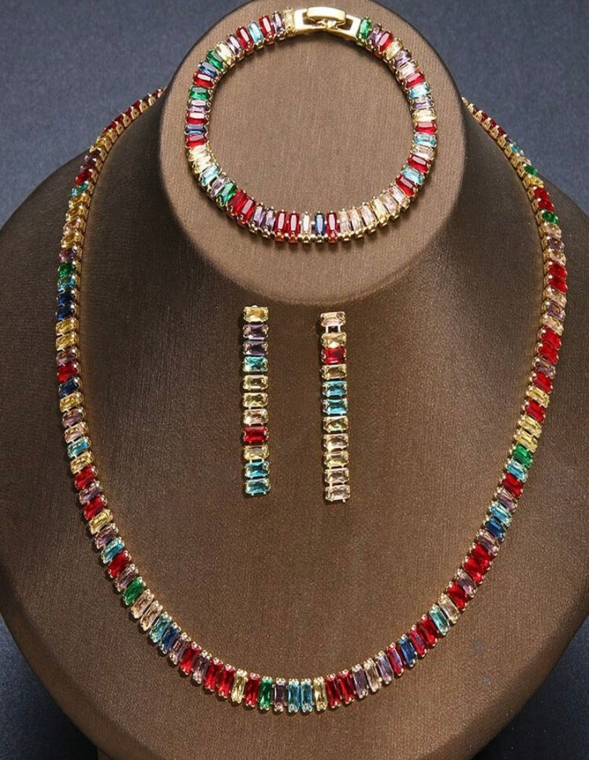 Rhinestone-Studded Rectangular Necklace Bracelet & Earrings Set for Women's Weddings Parties 3pcs Elegant Jewelry Collection
