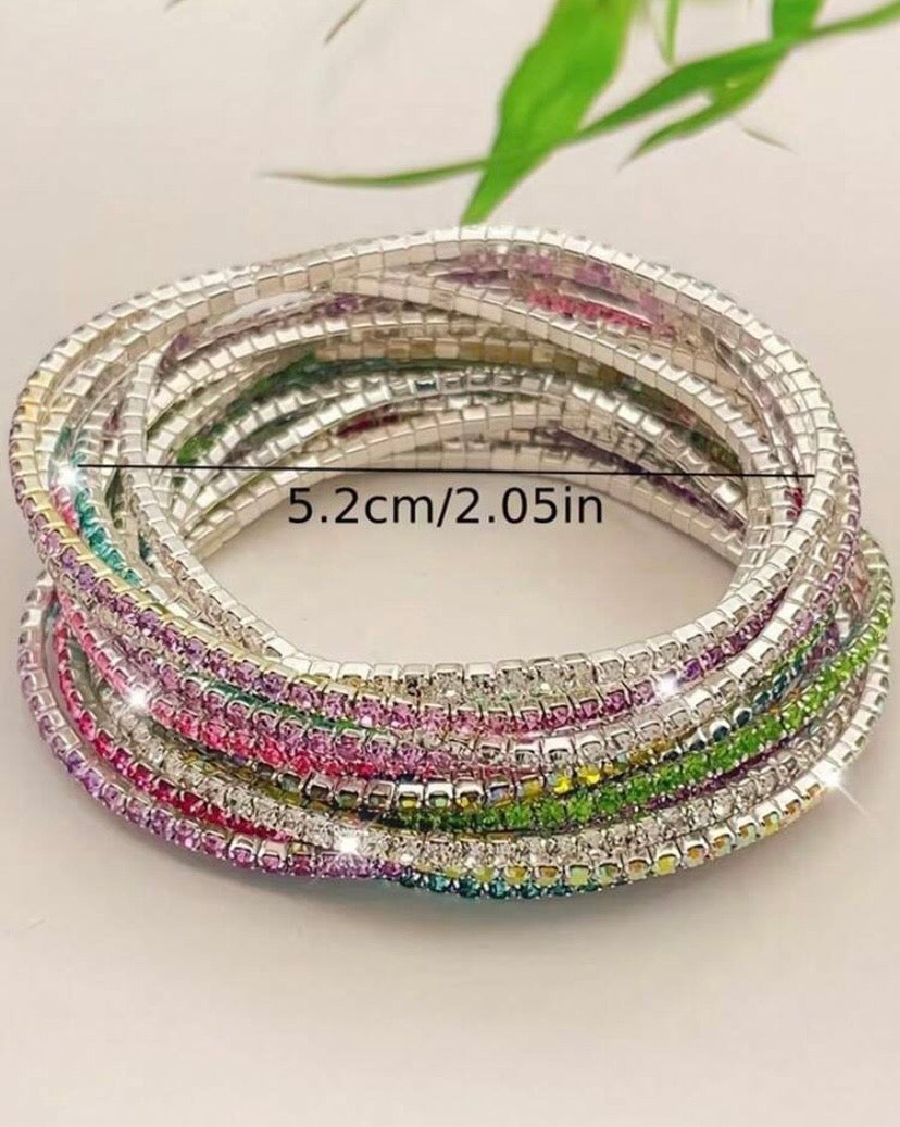 5/10 Random Color Set,Fashionable Versatile High-End Bohemian Style Hip-Hop Colorful Zirconia Elastic Bracelet Set