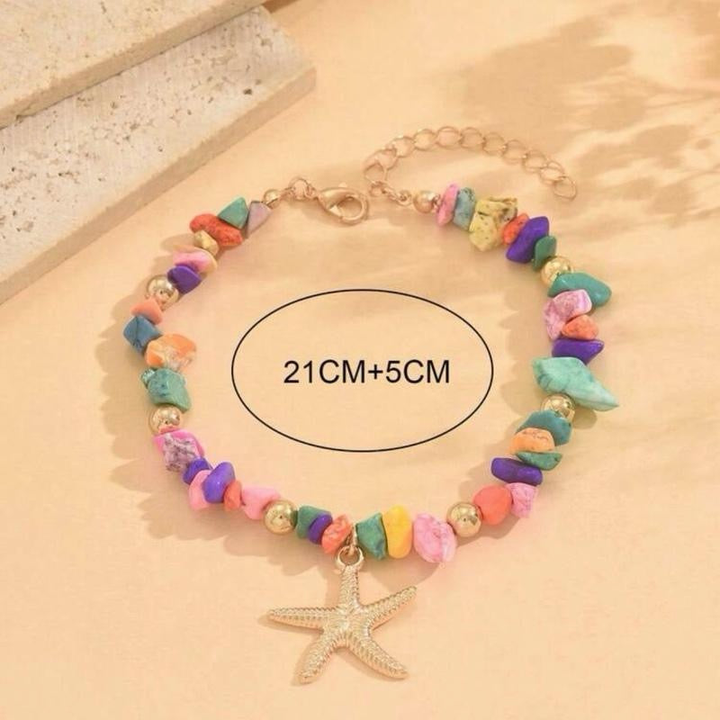 1pc Colorful Turquoise Beaded Anklet With Starfish Pendant, Fashionable Metal Feeling Beach Jewelry For Women, Suitable For Daily, Dating, Outing, And Beach Vacation
