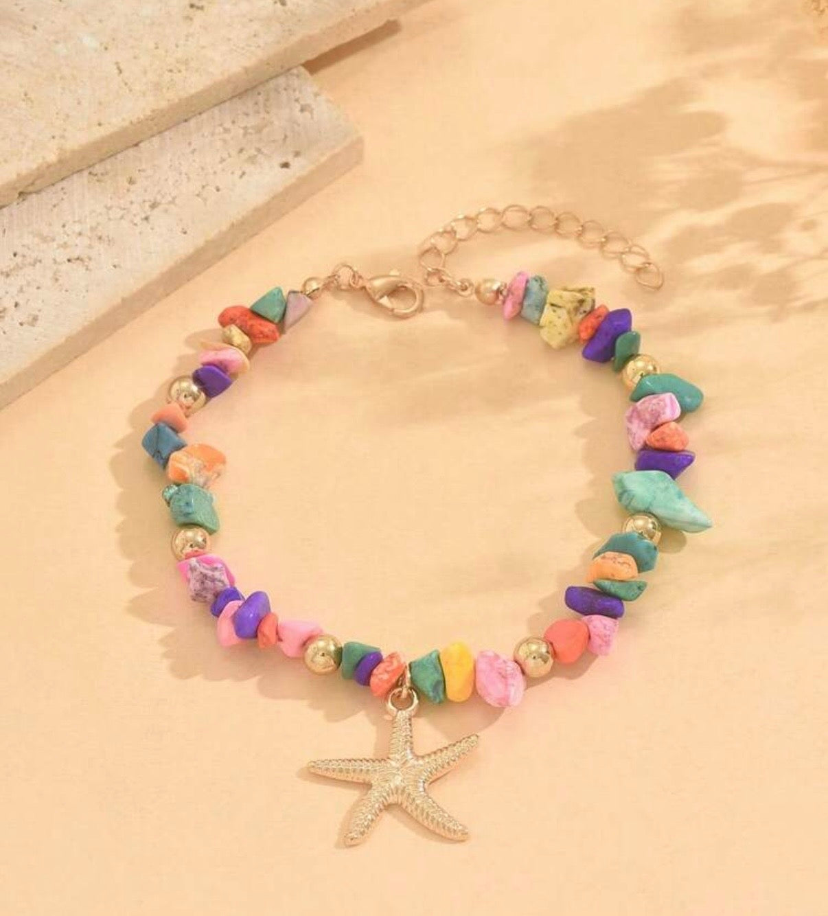 1pc Colorful Turquoise Beaded Anklet With Starfish Pendant, Fashionable Metal Feeling Beach Jewelry For Women, Suitable For Daily, Dating, Outing, And Beach Vacation