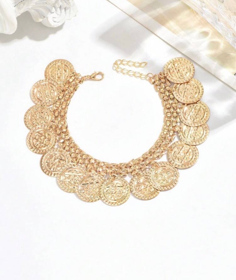 2pcs/Set Summer Beach Coin Pendant Anklet, Elegant Multi-Layer Anklet Set, Suitable For Vacation And Pool Party, Bohemian Style Foot Jewelry