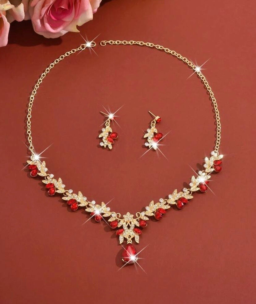 3pcs /Red/Blue choice/ Luxury Wedding Party Women Dresses Rhinestone Diamond Decor Jewelry Fashion Sparkly Choker Necklace & Earrings Set Prom Costume Jewelry Set Accessories (2 Earrings And 1 Necklace)