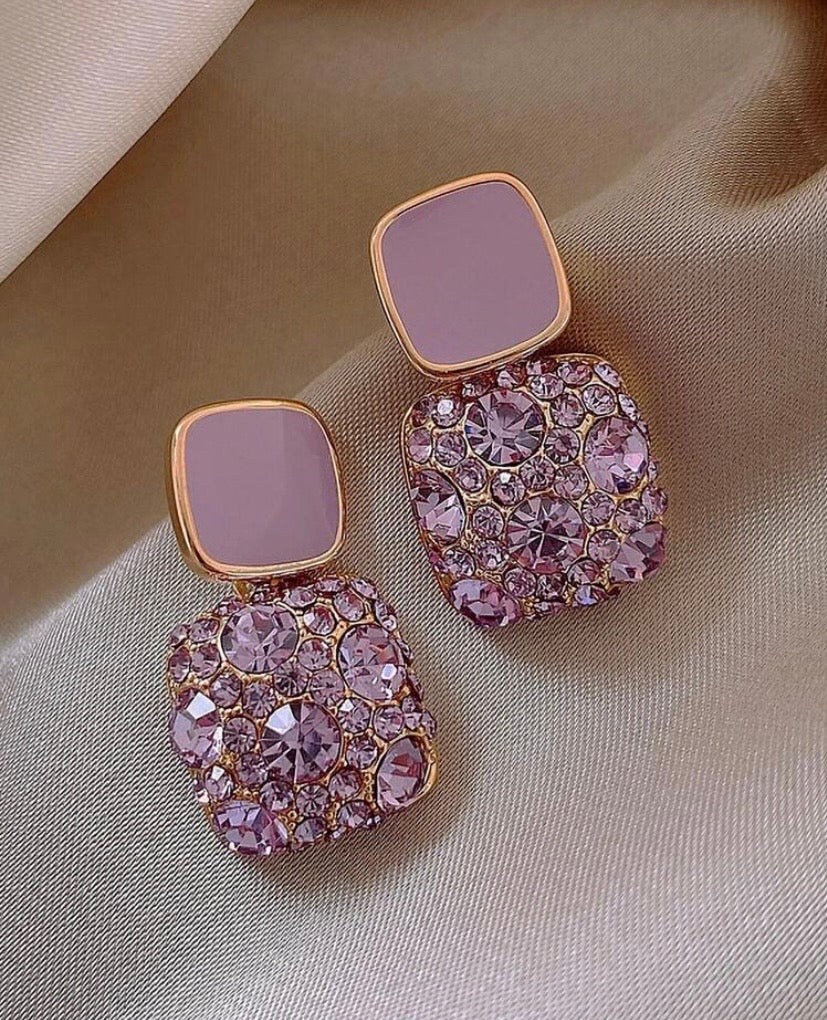 1 Pair Purple Geometric Vintage Square Rhinestone Dangle Earrings, Suitable For Women's Daily And Festival Wear (Note: The Position Of The Rhinestones May Differ From The Picture, Please Refer To The Detailed Images)