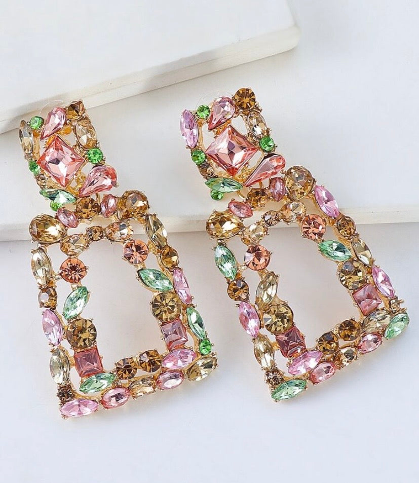 Rhinestone Geometric Drop Earrings with Multicolour Crystals for Elegant Occasions