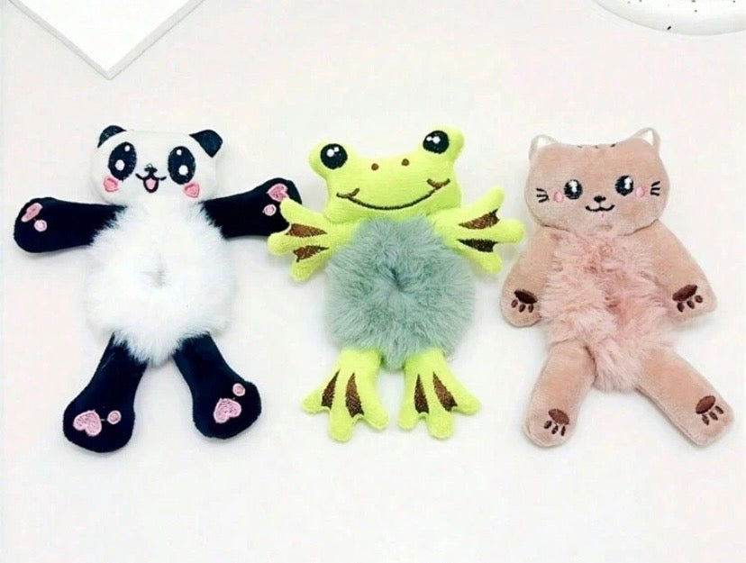 3pcs Kids Sweet Cute Cartoon Frog Panda Fluffy Scrunchies, Autumn/Winter Hair Accessories Elastic Hair Ties For Ponytail, Bun Scrunchy Hair Ties, Cute Hair Accessories Makeup Home Gym Woman Accessories Head Accessories Elastic Band Hair Rubber Bands,Fest