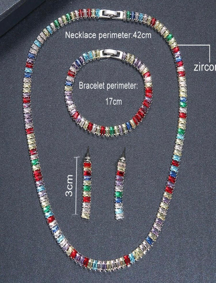 Rhinestone-Studded Rectangular Necklace Bracelet & Earrings Set for Women's Weddings Parties 3pcs Elegant Jewelry Collection