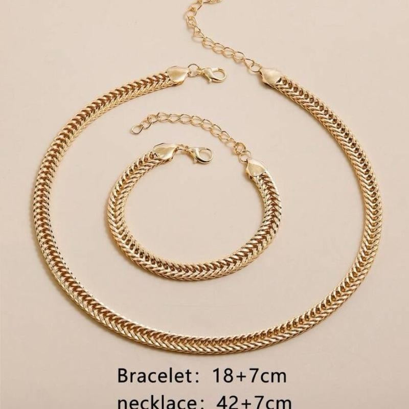 Elegant Jewelry Set 2pcs 1pc Necklace & 1pc Bracelet European American Street Style Wide Collarbone Chain Stainless Steel Personalized Accessory