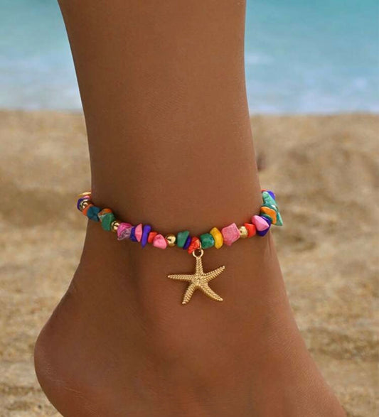 1pc Colorful Turquoise Beaded Anklet With Starfish Pendant, Fashionable Metal Feeling Beach Jewelry For Women, Suitable For Daily, Dating, Outing, And Beach Vacation