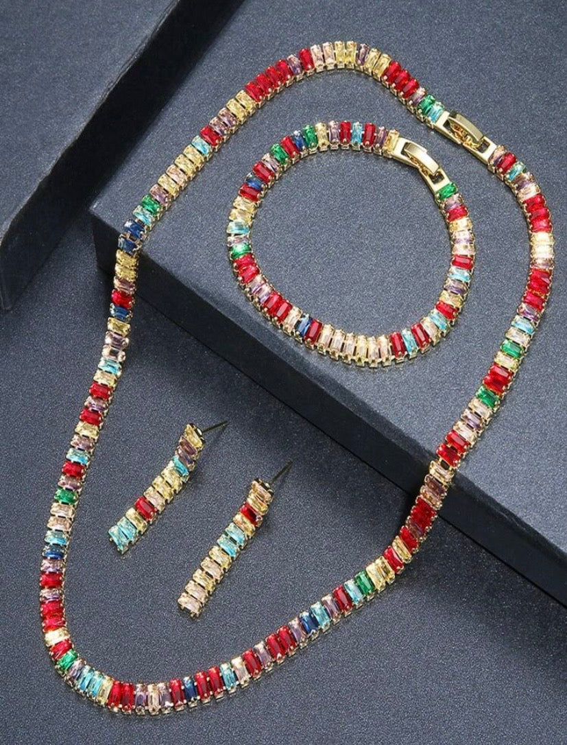 Rhinestone-Studded Rectangular Necklace Bracelet & Earrings Set for Women's Weddings Parties 3pcs Elegant Jewelry Collection