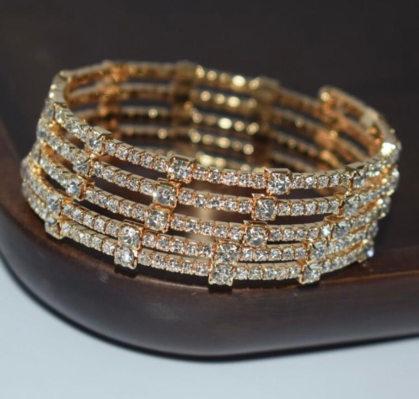 Multi-Layer Fashionable Rhinestone Wrapped Open Cuff Handmade Bracelet for Women Elegant Jewelry Accessory
