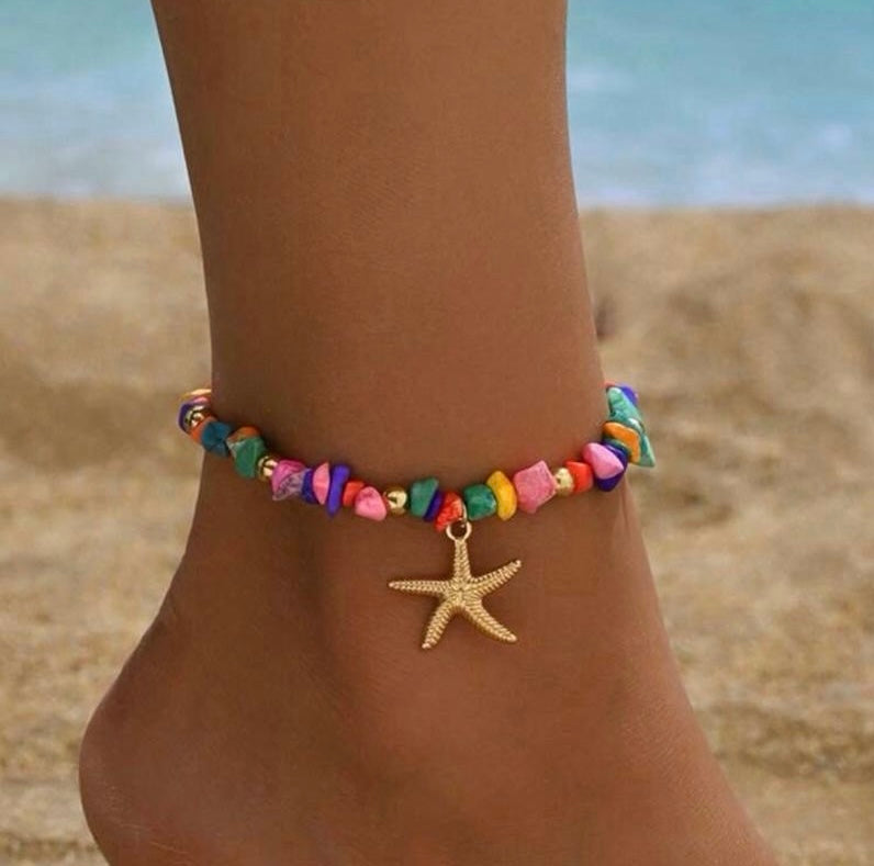 1pc Colorful Turquoise Beaded Anklet With Starfish Pendant, Fashionable Metal Feeling Beach Jewelry For Women, Suitable For Daily, Dating, Outing, And Beach Vacation