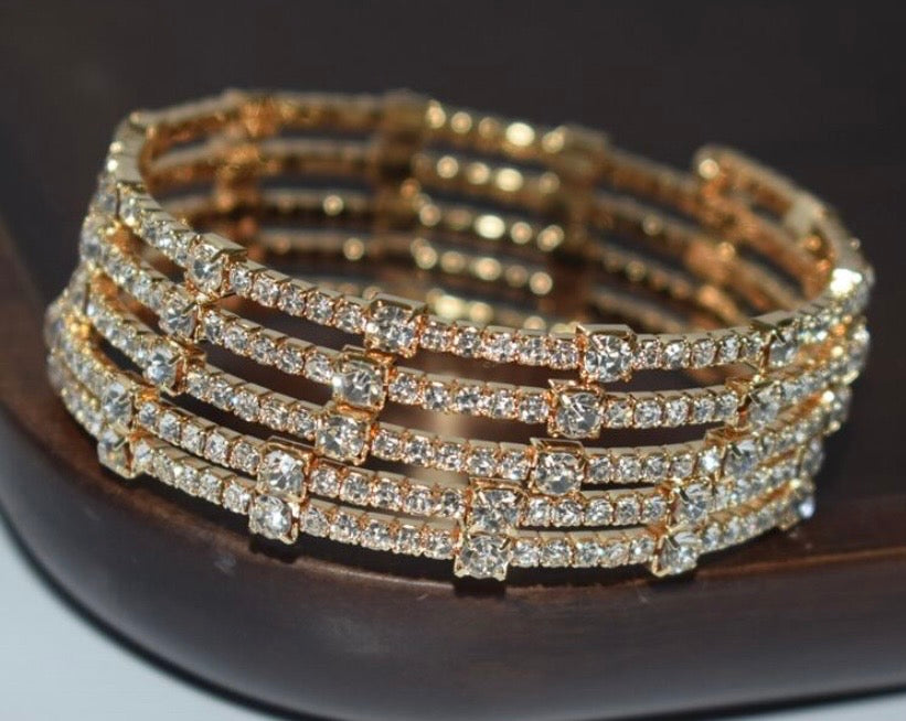 Multi-Layer Fashionable Rhinestone Wrapped Open Cuff Handmade Bracelet for Women Elegant Jewelry Accessory