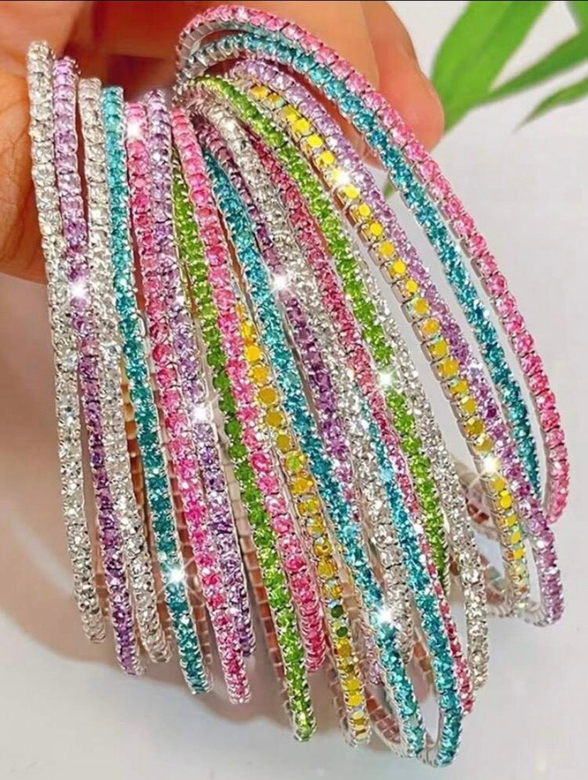 5/10 Random Color Set,Fashionable Versatile High-End Bohemian Style Hip-Hop Colorful Zirconia Elastic Bracelet Set