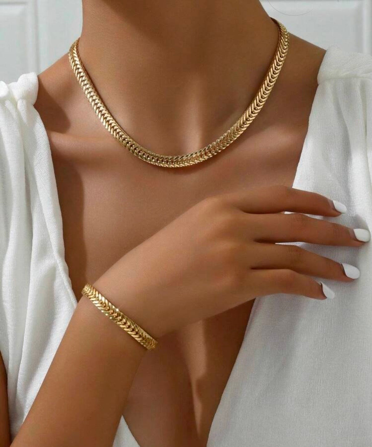 Elegant Jewelry Set 2pcs 1pc Necklace & 1pc Bracelet European American Street Style Wide Collarbone Chain Stainless Steel Personalized Accessory