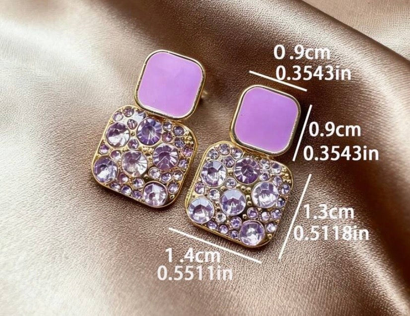 1 Pair Purple Geometric Vintage Square Rhinestone Dangle Earrings, Suitable For Women's Daily And Festival Wear (Note: The Position Of The Rhinestones May Differ From The Picture, Please Refer To The Detailed Images)
