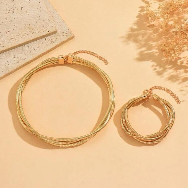 Elegant Chunky Jewelry Set 2pcs Necklace & Bracelet Minimalist Snake Bone Chain Punk Style Accessories for Daily Wear & Party