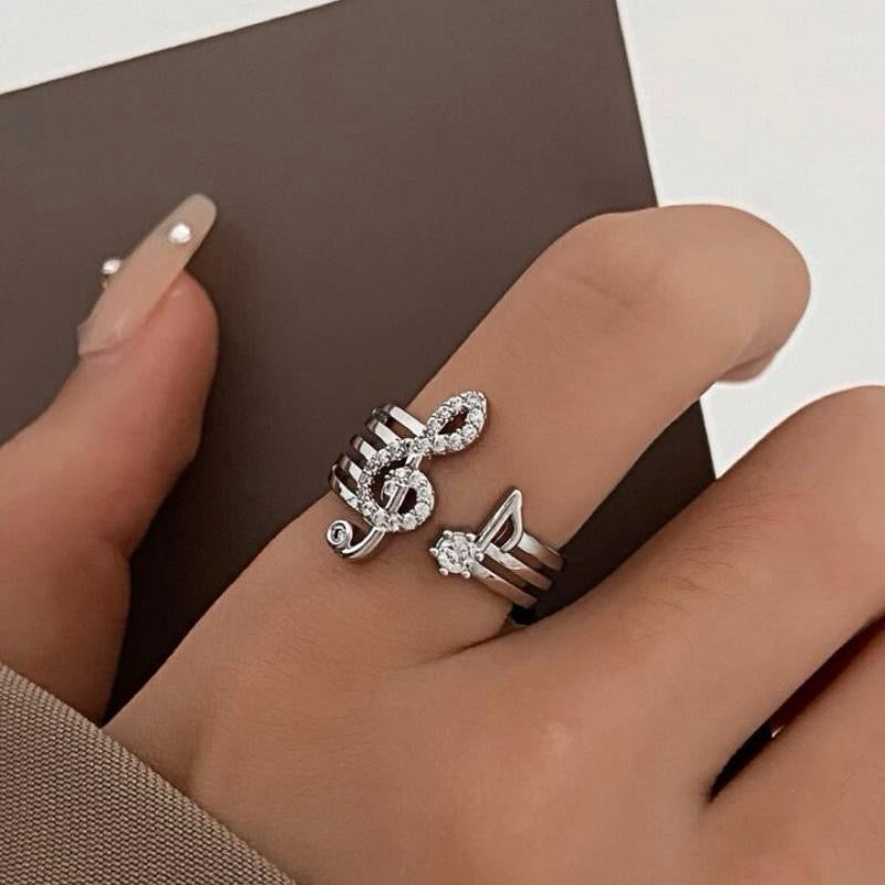 Gold/Silver Rhinestone Music Note Decor Cuff Ring Gold Silver Elegant Jewelry for Music Lovers with Sparkling Stones British Style