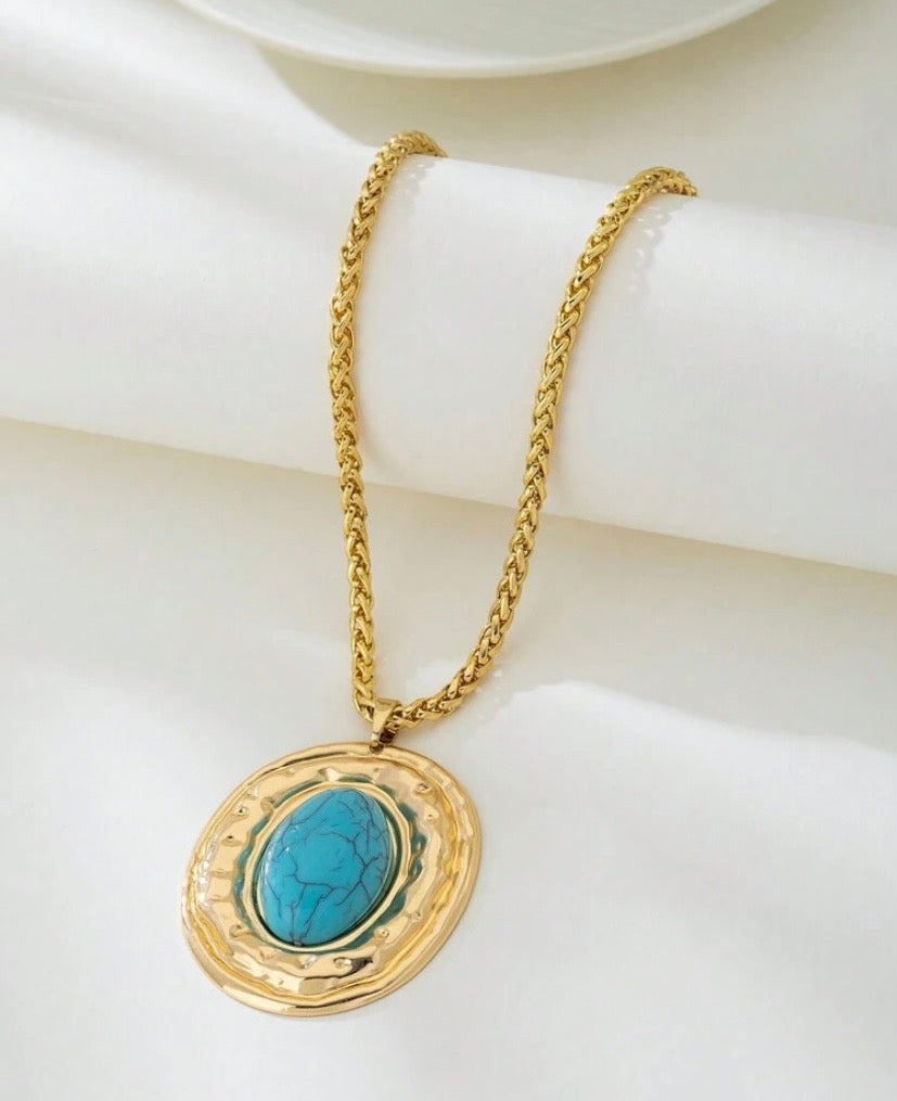 1pc Snake Chain Alloy Metal Oval Faux Turquoise Pendant Necklace, Gold Plated Jewelry - Suitable For Women's Daily Wear