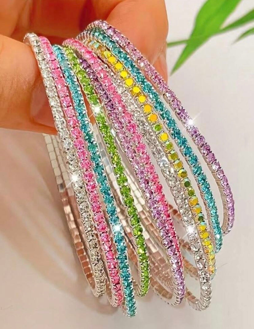5/10 Random Color Set,Fashionable Versatile High-End Bohemian Style Hip-Hop Colorful Zirconia Elastic Bracelet Set