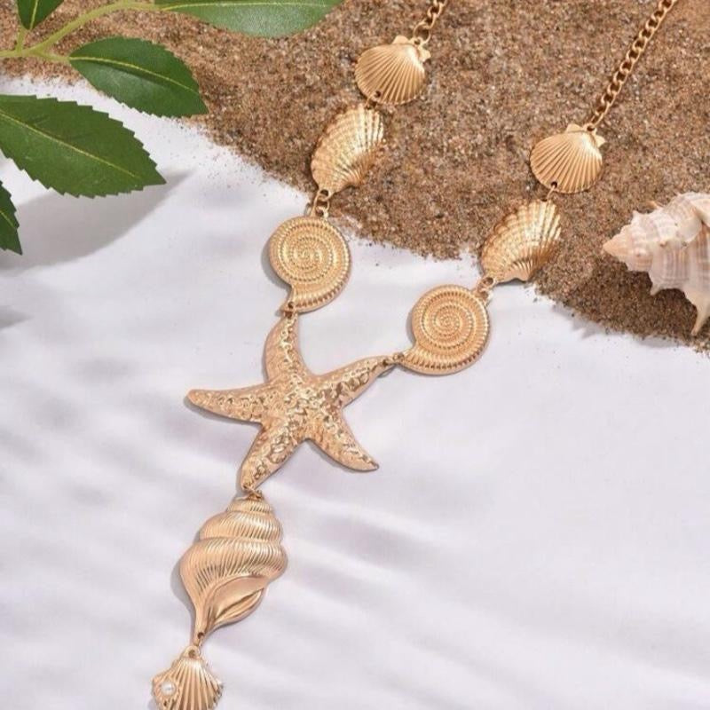 Ocean Themed Pendant Necklace with Starfish and Shell Design for Beachwear - 1pc Stylish Accessory for Ocean Lovers and Beach Outings