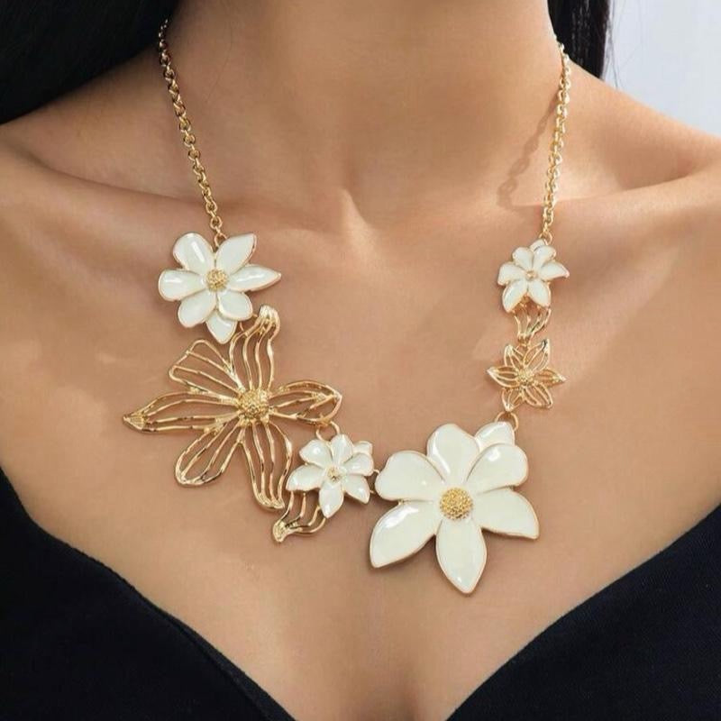 Metal Hollow Flower Oil Drop Necklace Oversized Golden Flower Pendant for Valentines Day Gift
