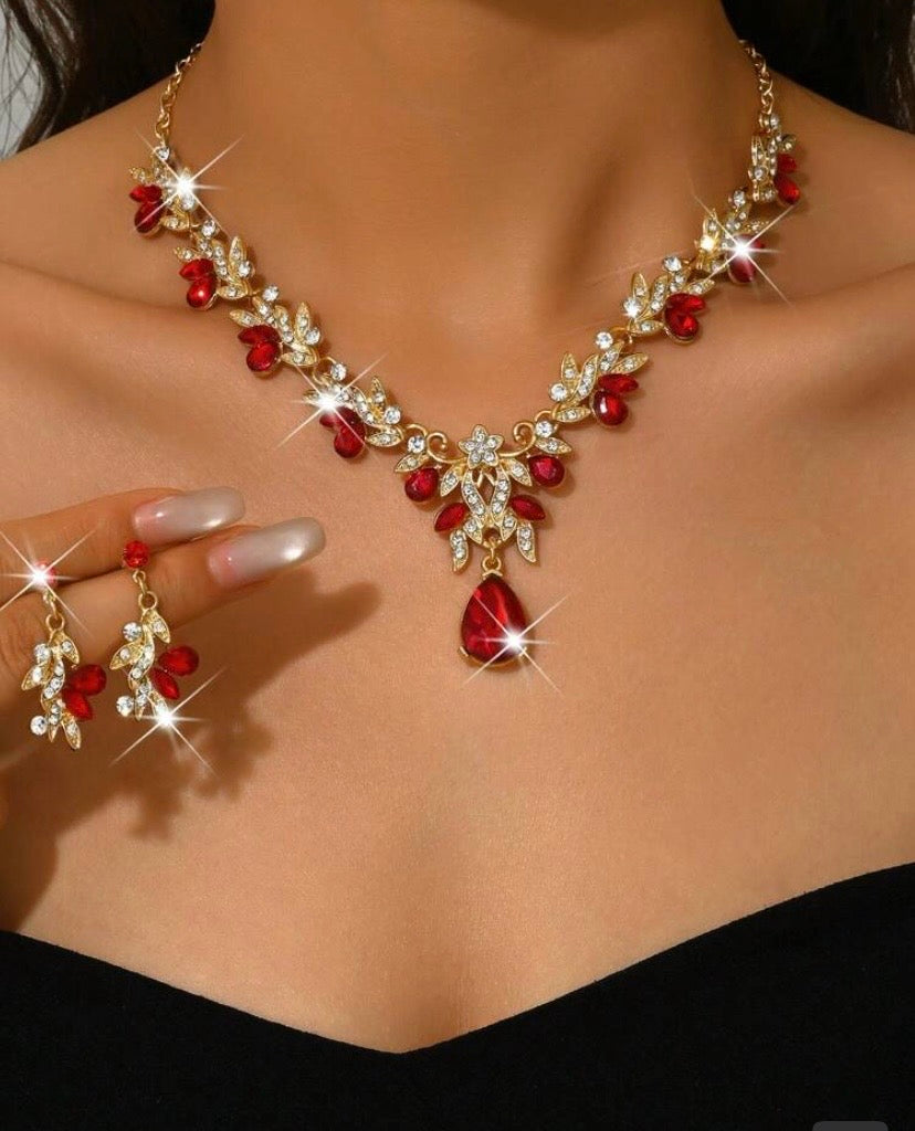 3pcs /Red/Blue choice/ Luxury Wedding Party Women Dresses Rhinestone Diamond Decor Jewelry Fashion Sparkly Choker Necklace & Earrings Set Prom Costume Jewelry Set Accessories (2 Earrings And 1 Necklace)