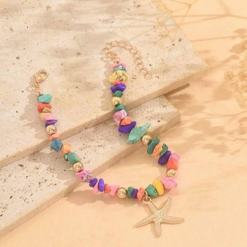 1pc Colorful Turquoise Beaded Anklet With Starfish Pendant, Fashionable Metal Feeling Beach Jewelry For Women, Suitable For Daily, Dating, Outing, And Beach Vacation