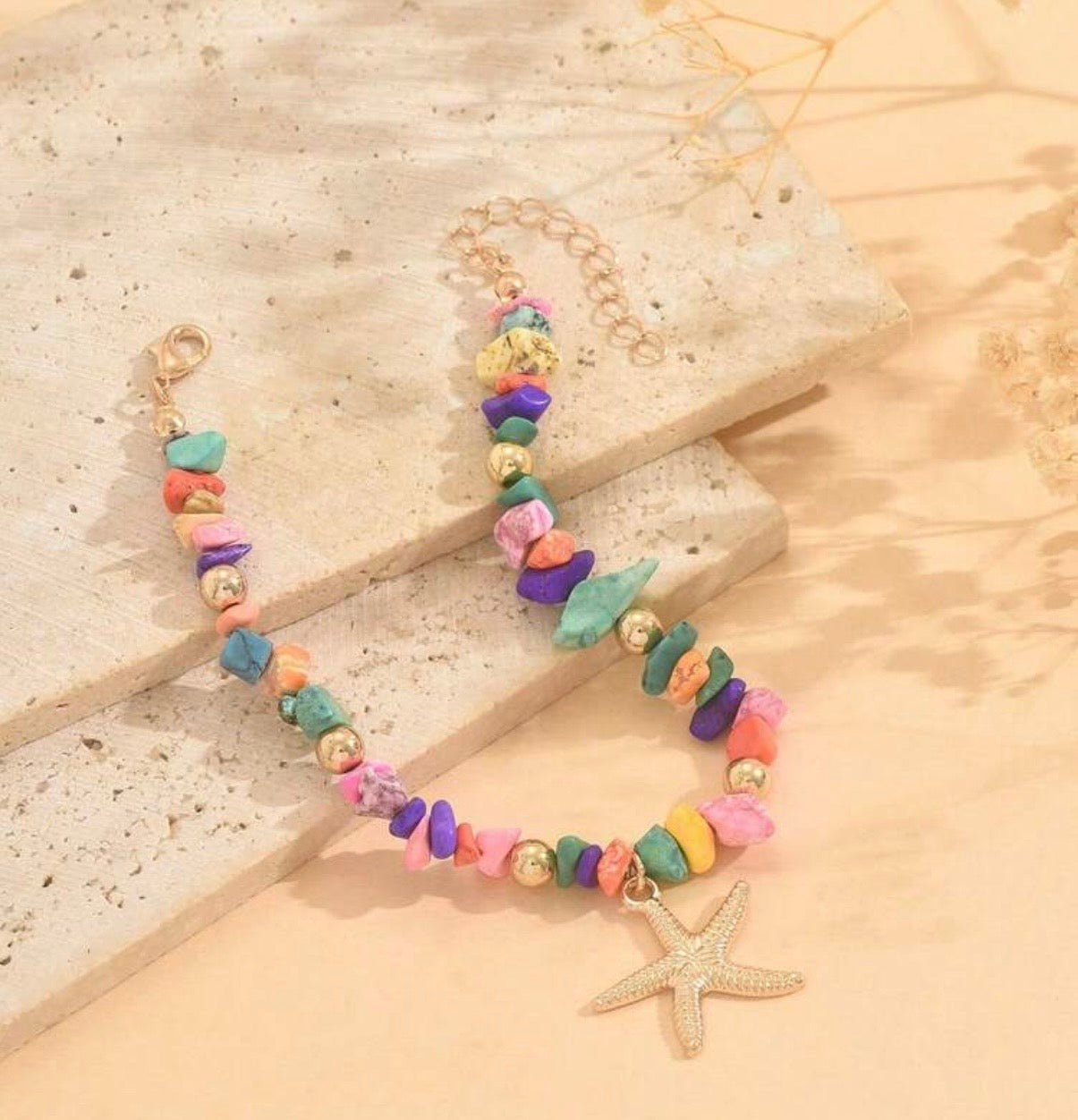 1pc Colorful Turquoise Beaded Anklet With Starfish Pendant, Fashionable Metal Feeling Beach Jewelry For Women, Suitable For Daily, Dating, Outing, And Beach Vacation