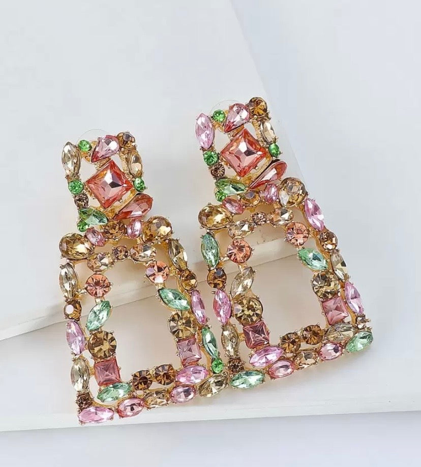 Rhinestone Geometric Drop Earrings with Multicolour Crystals for Elegant Occasions