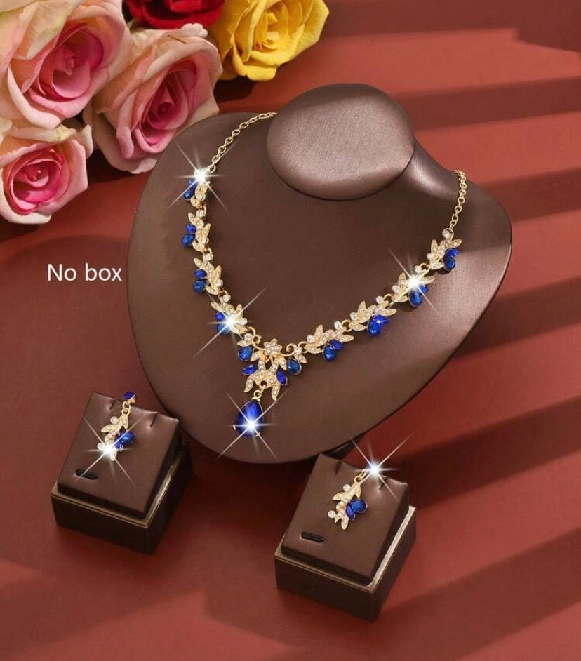 3pcs /Red/Blue choice/ Luxury Wedding Party Women Dresses Rhinestone Diamond Decor Jewelry Fashion Sparkly Choker Necklace & Earrings Set Prom Costume Jewelry Set Accessories (2 Earrings And 1 Necklace)