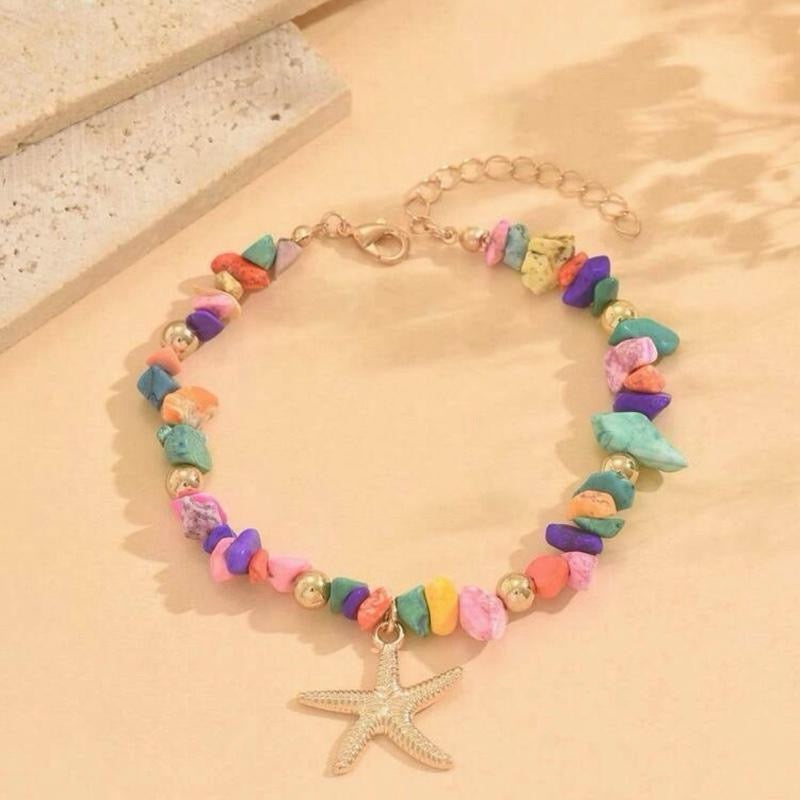 1pc Colorful Turquoise Beaded Anklet With Starfish Pendant, Fashionable Metal Feeling Beach Jewelry For Women, Suitable For Daily, Dating, Outing, And Beach Vacation