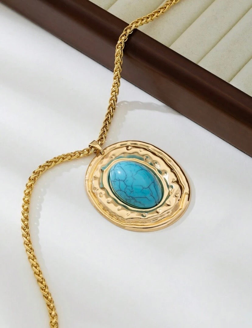 1pc Snake Chain Alloy Metal Oval Faux Turquoise Pendant Necklace, Gold Plated Jewelry - Suitable For Women's Daily Wear