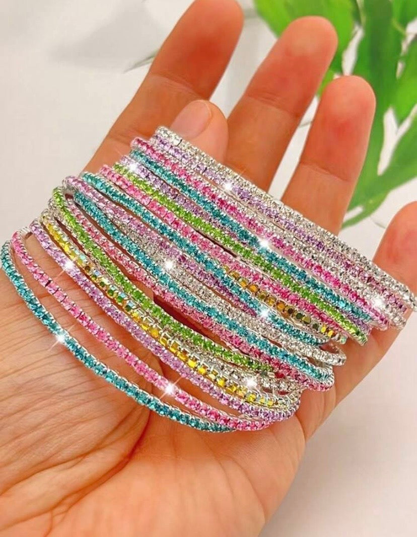 5/10 Random Color Set,Fashionable Versatile High-End Bohemian Style Hip-Hop Colorful Zirconia Elastic Bracelet Set