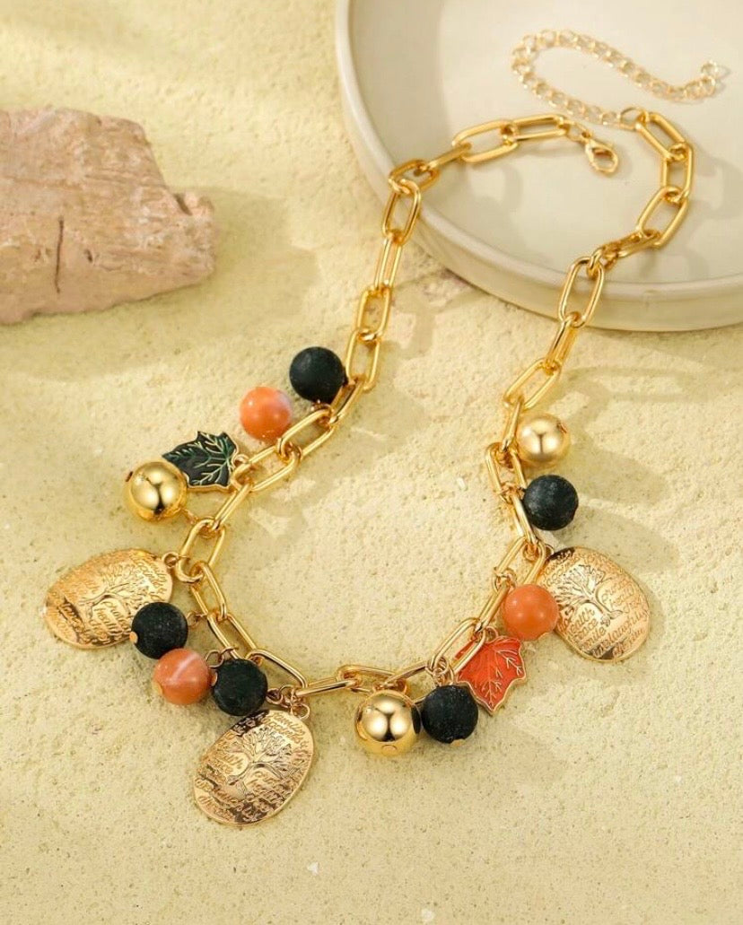 Bohemian Style Round Alloy Oval Pendant Necklace With Tree Pattern for Women 1pc Elegant Jewelry Accessory