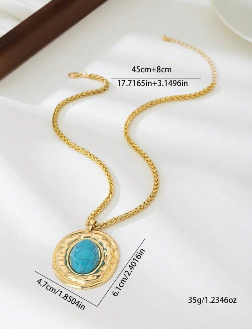 1pc Snake Chain Alloy Metal Oval Faux Turquoise Pendant Necklace, Gold Plated Jewelry - Suitable For Women's Daily Wear
