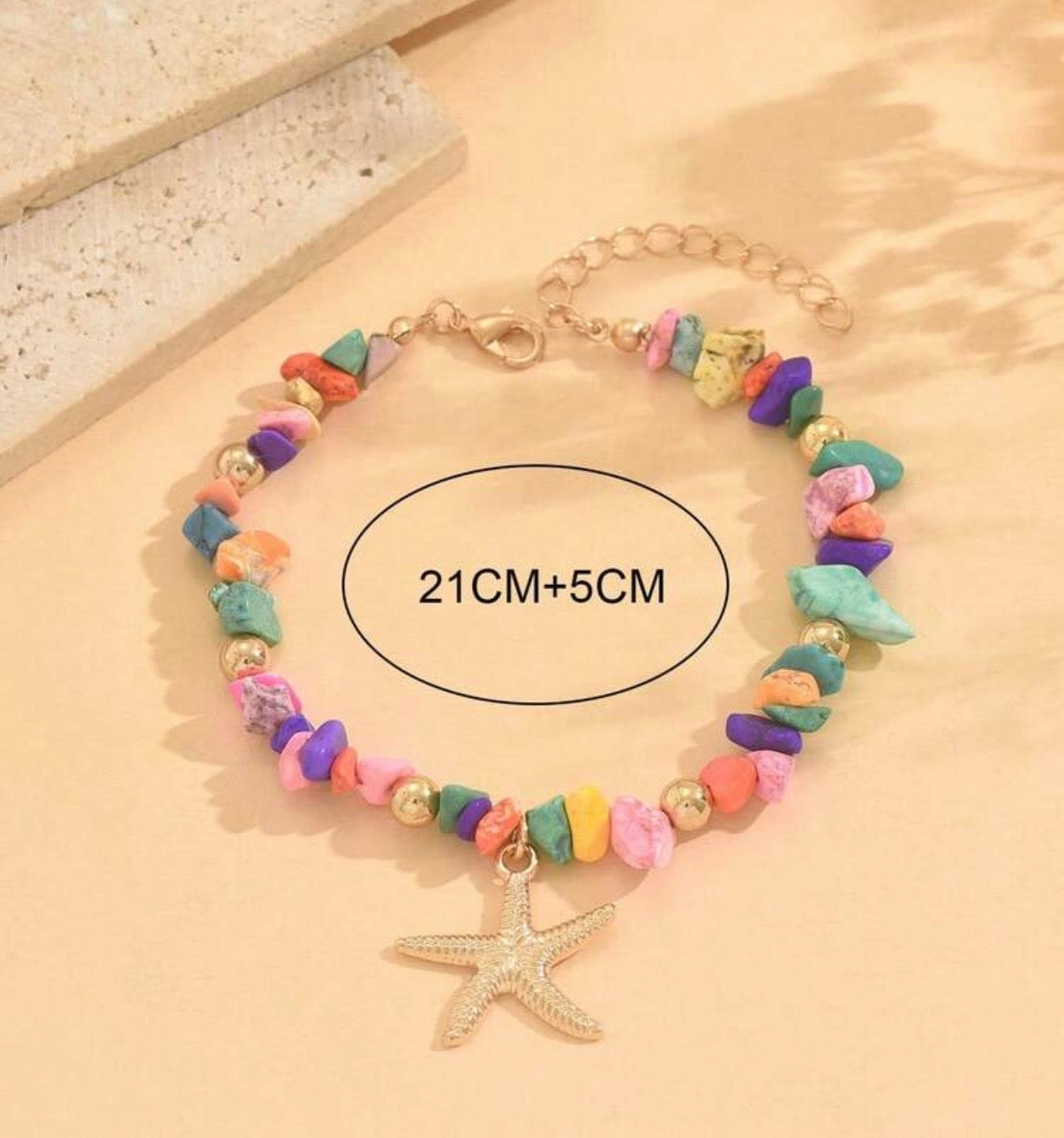 1pc Colorful Turquoise Beaded Anklet With Starfish Pendant, Fashionable Metal Feeling Beach Jewelry For Women, Suitable For Daily, Dating, Outing, And Beach Vacation