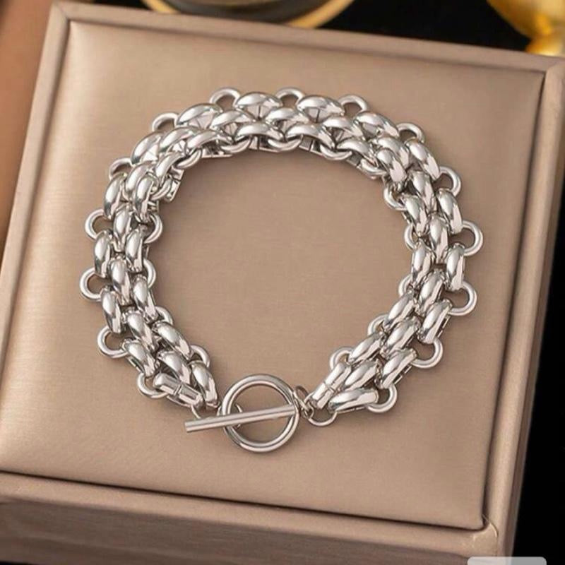 2pcs/Set Stainless Steel Silver/Gold ,Personalized Hip-Hop Exaggerate Thick Chain Necklace + Bracelet Jewelry Set, Suitable For Daily Wear, Festival Gift