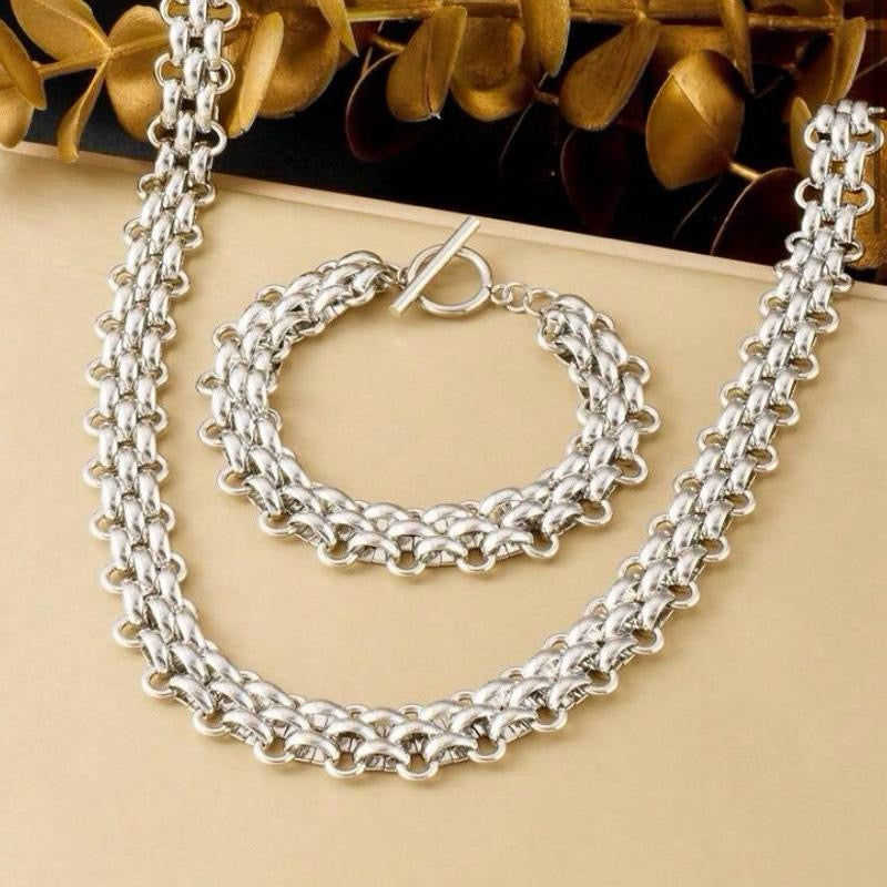 2pcs/Set Stainless Steel Silver/Gold ,Personalized Hip-Hop Exaggerate Thick Chain Necklace + Bracelet Jewelry Set, Suitable For Daily Wear, Festival Gift