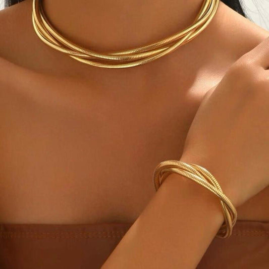 Elegant Chunky Jewelry Set 2pcs Necklace & Bracelet Minimalist Snake Bone Chain Punk Style Accessories for Daily Wear & Party