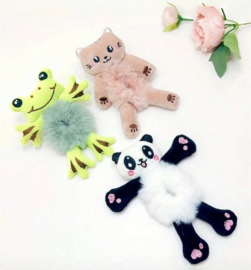 3pcs Kids Sweet Cute Cartoon Frog Panda Fluffy Scrunchies, Autumn/Winter Hair Accessories Elastic Hair Ties For Ponytail, Bun Scrunchy Hair Ties, Cute Hair Accessories Makeup Home Gym Woman Accessories Head Accessories Elastic Band Hair Rubber Bands,Fest