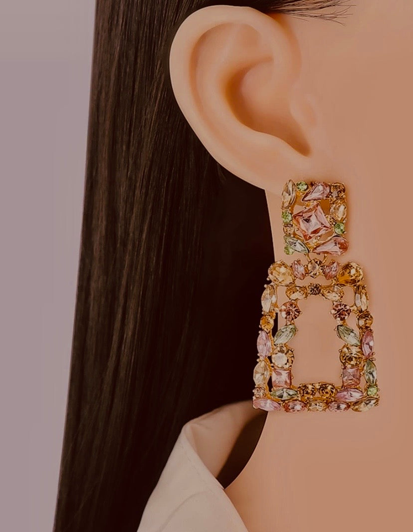 Rhinestone Geometric Drop Earrings with Multicolour Crystals for Elegant Occasions