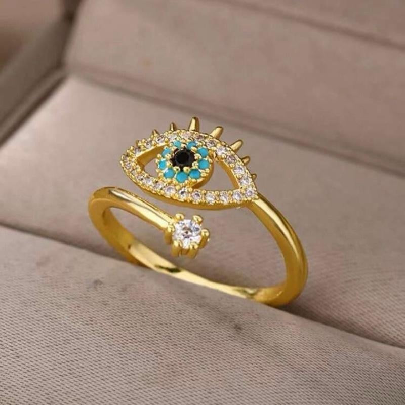 1pc Gold/Silver Fashionable Cubic Zirconia Demon Eye Decor Open Ring for Women's Daily Wear Elegant Jewelry