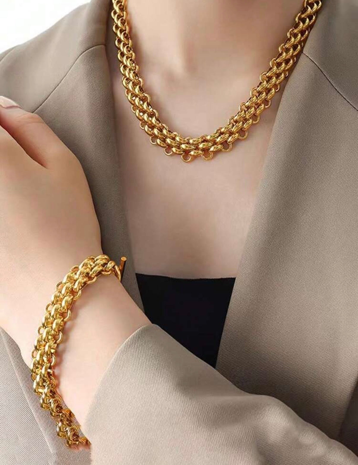 2pcs/Set Stainless Steel Silver/Gold ,Personalized Hip-Hop Exaggerate Thick Chain Necklace + Bracelet Jewelry Set, Suitable For Daily Wear, Festival Gift