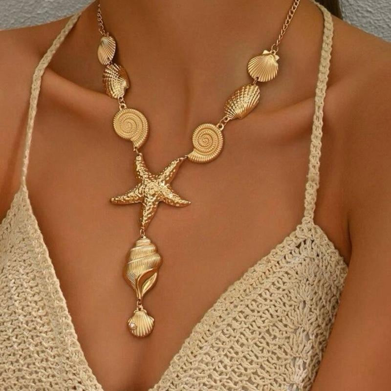 Ocean Themed Pendant Necklace with Starfish and Shell Design for Beachwear - 1pc Stylish Accessory for Ocean Lovers and Beach Outings