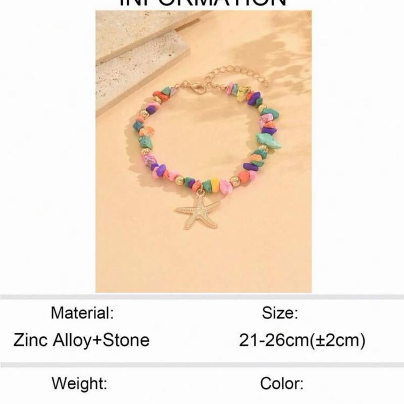 1pc Colorful Turquoise Beaded Anklet With Starfish Pendant, Fashionable Metal Feeling Beach Jewelry For Women, Suitable For Daily, Dating, Outing, And Beach Vacation