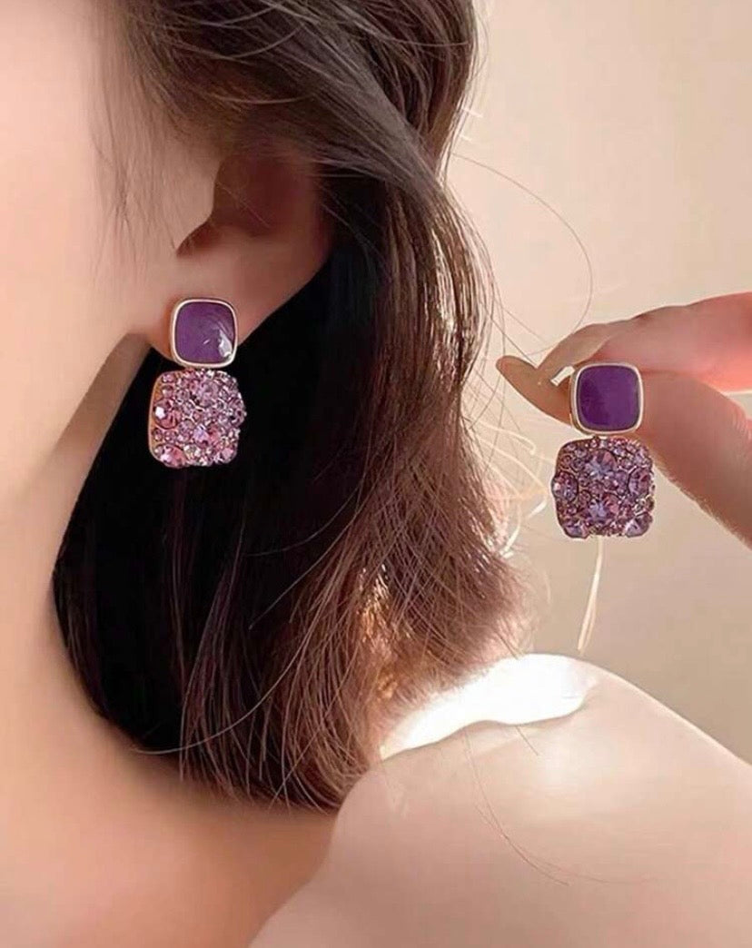 1 Pair Purple Geometric Vintage Square Rhinestone Dangle Earrings, Suitable For Women's Daily And Festival Wear (Note: The Position Of The Rhinestones May Differ From The Picture, Please Refer To The Detailed Images)