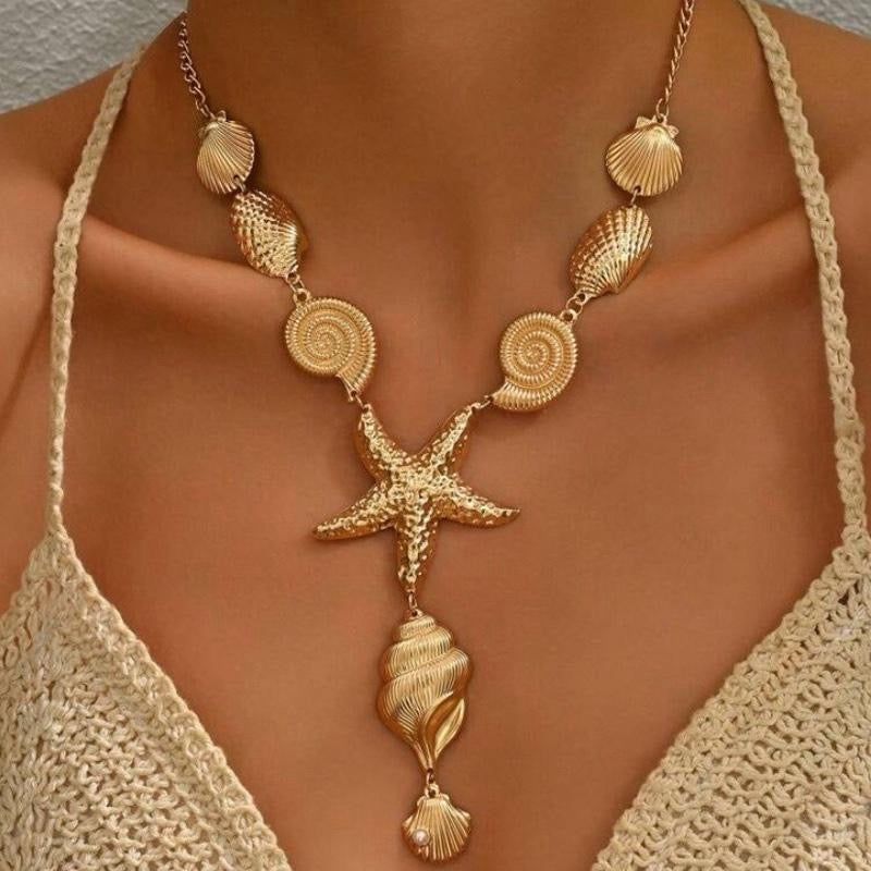 Ocean Themed Pendant Necklace with Starfish and Shell Design for Beachwear - 1pc Stylish Accessory for Ocean Lovers and Beach Outings