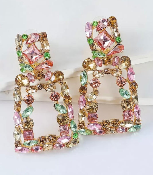 Rhinestone Geometric Drop Earrings with Multicolour Crystals for Elegant Occasions