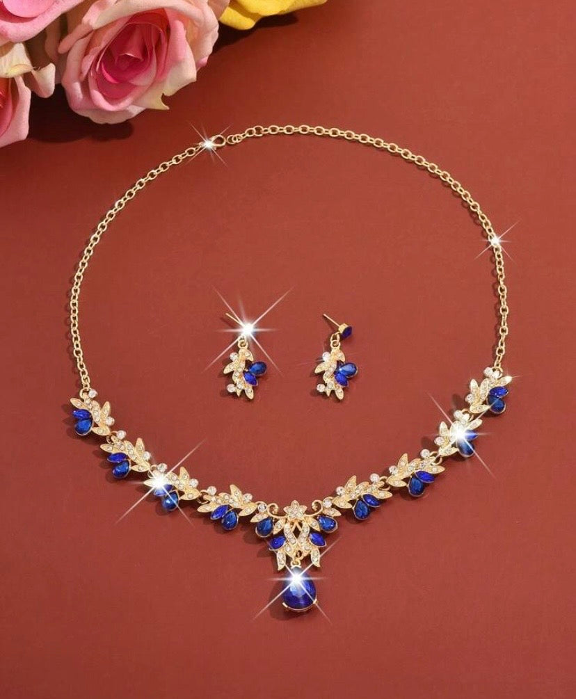 3pcs /Red/Blue choice/ Luxury Wedding Party Women Dresses Rhinestone Diamond Decor Jewelry Fashion Sparkly Choker Necklace & Earrings Set Prom Costume Jewelry Set Accessories (2 Earrings And 1 Necklace)